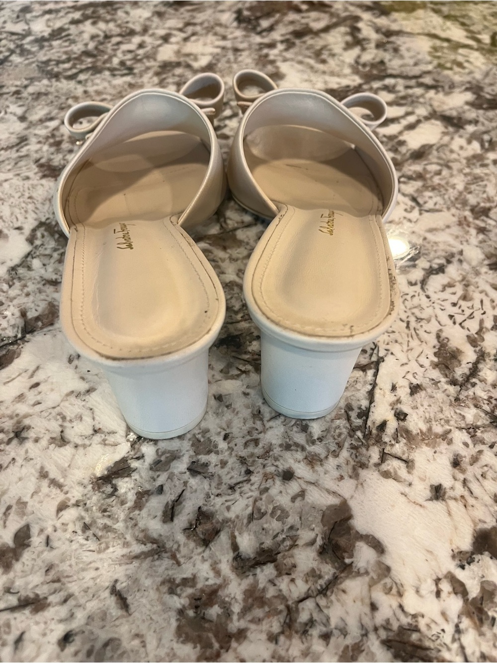 Salvatore Ferragamo Cream White Bow Back Block Heel Sandals